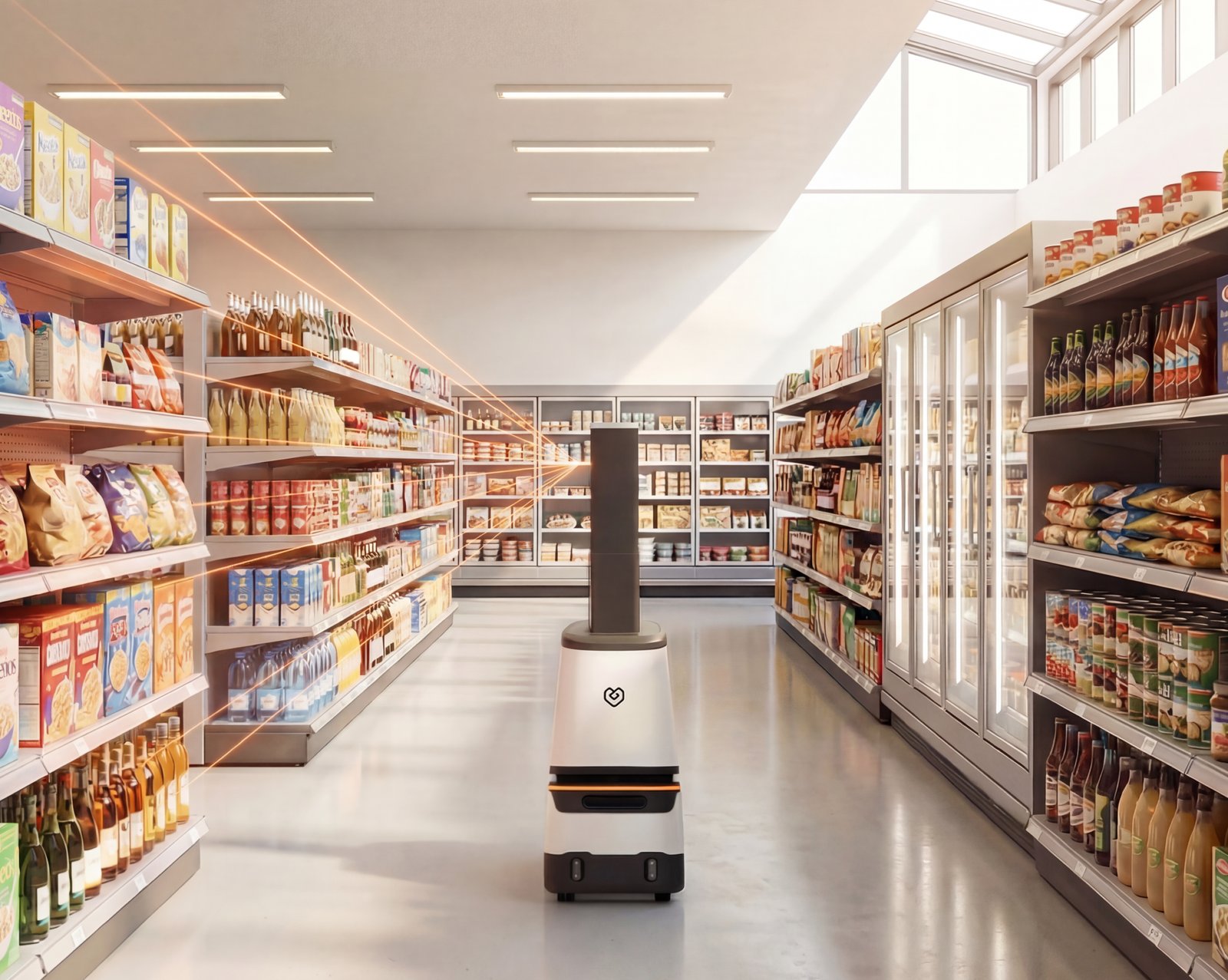AutRi autonomous shelf-scanning robot navigating a grocery aisle · per-fixture image capture with on-board AI bounding-box detection · light beams visualise the scan path