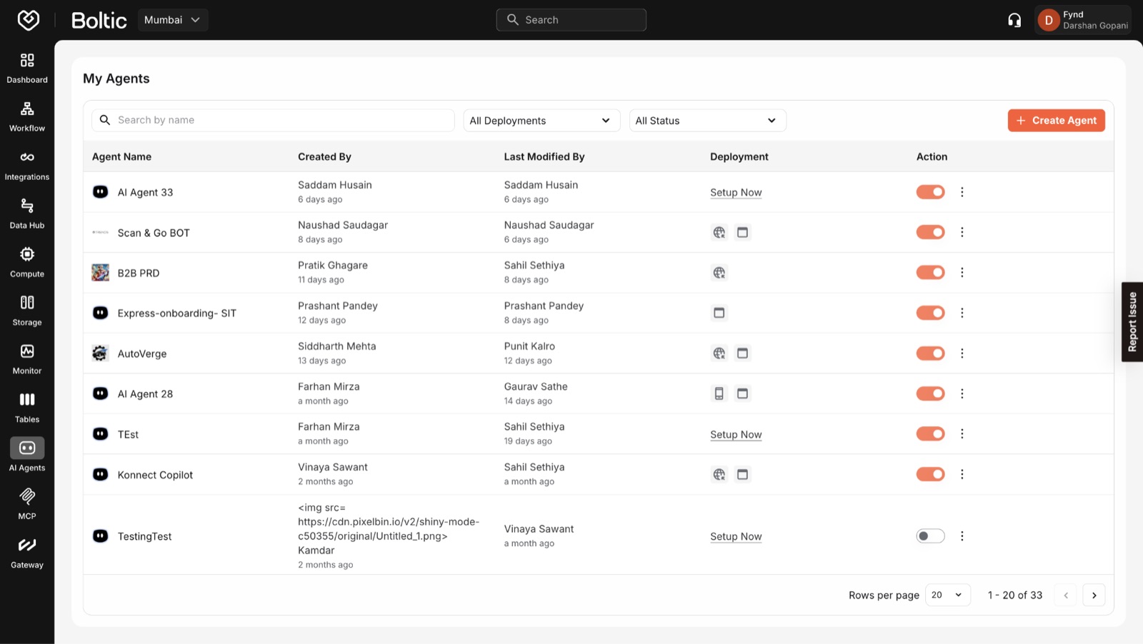 AI Agents · custom agent inventory with deployment status and last-modified telemetry
