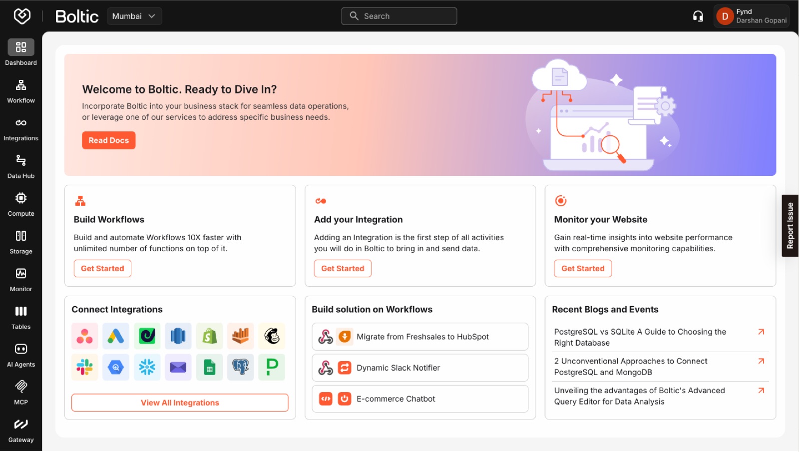 Boltic dashboard · operator control surface with workflow library, integrations, and recent activity
