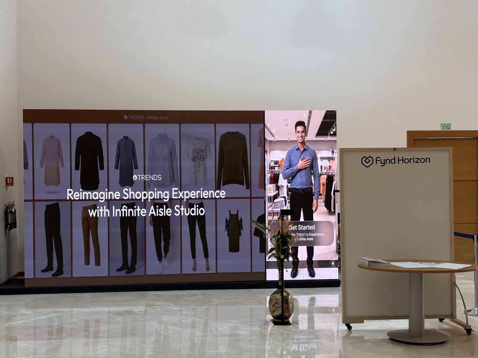 Fynd Horizon LED-wall installation at a Reliance Trends store · Infinite Aisle catalog grid + branded sign