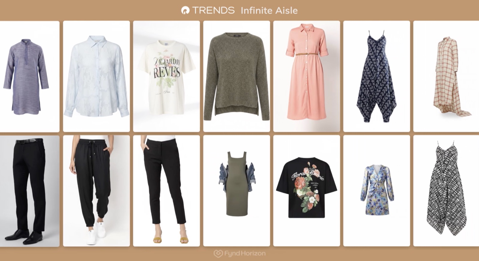 Trends Infinite Aisle catalog grid · 14 garment thumbnails (tops + bottoms + dresses) shown to a customer browsing in-store