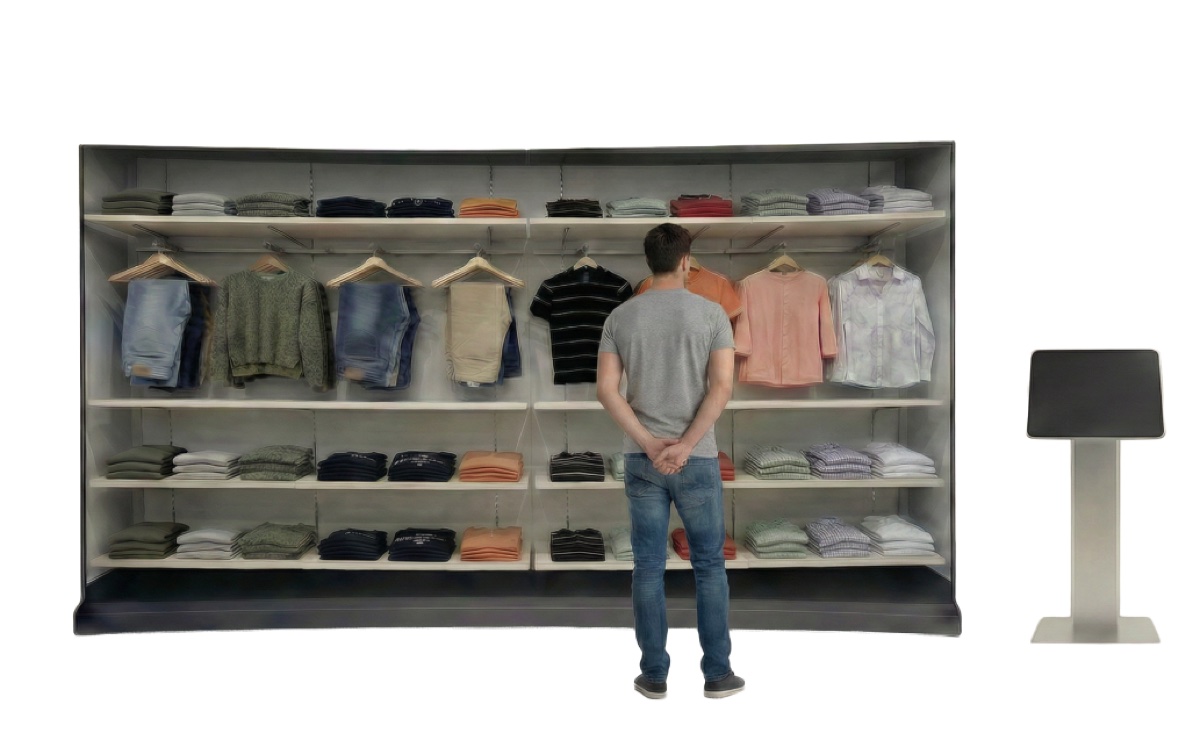 Render of the in-store hardware setup · LED wall + iPad kiosk + customer in front of the display