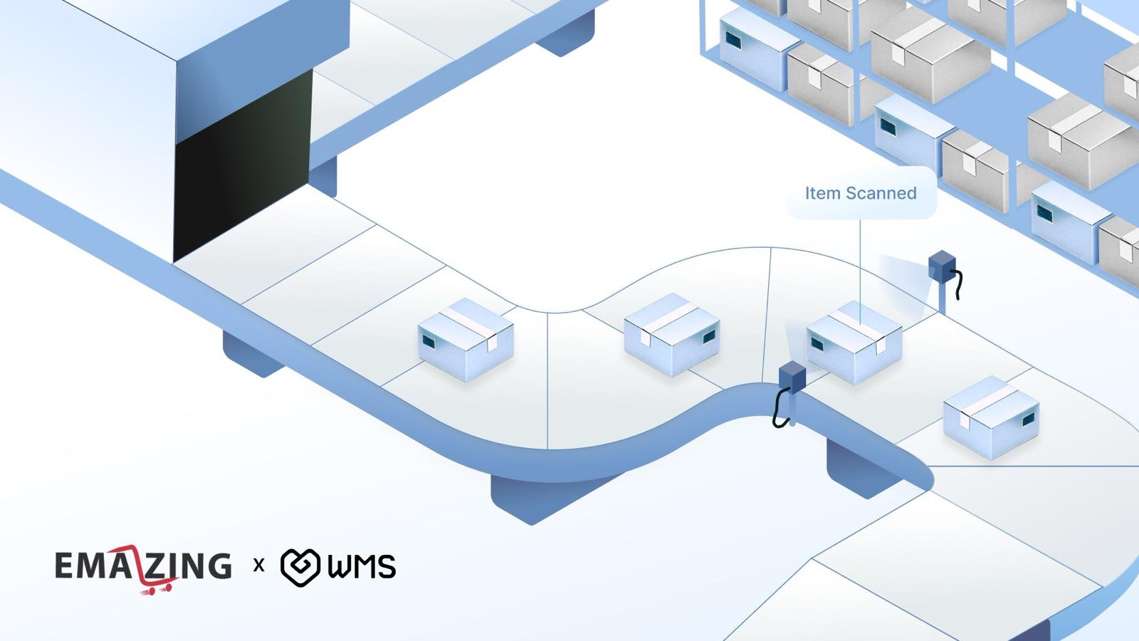 Emazing × Fynd WMS · scan-and-pack flow with item-scan callout