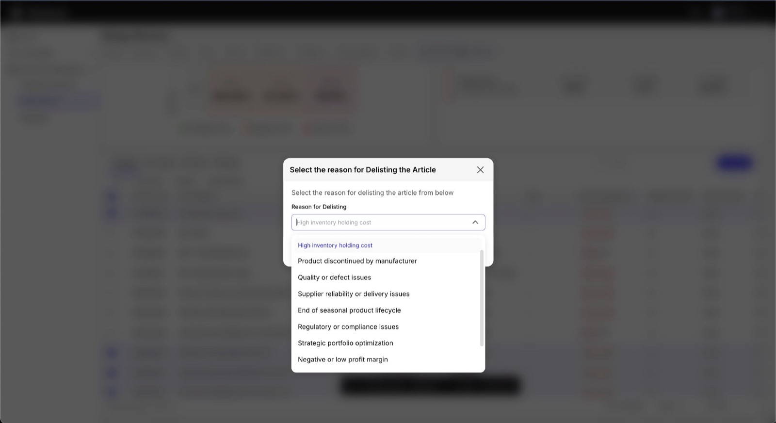 Granary Command Centre · Delist workflow modal with 9 reason codes
