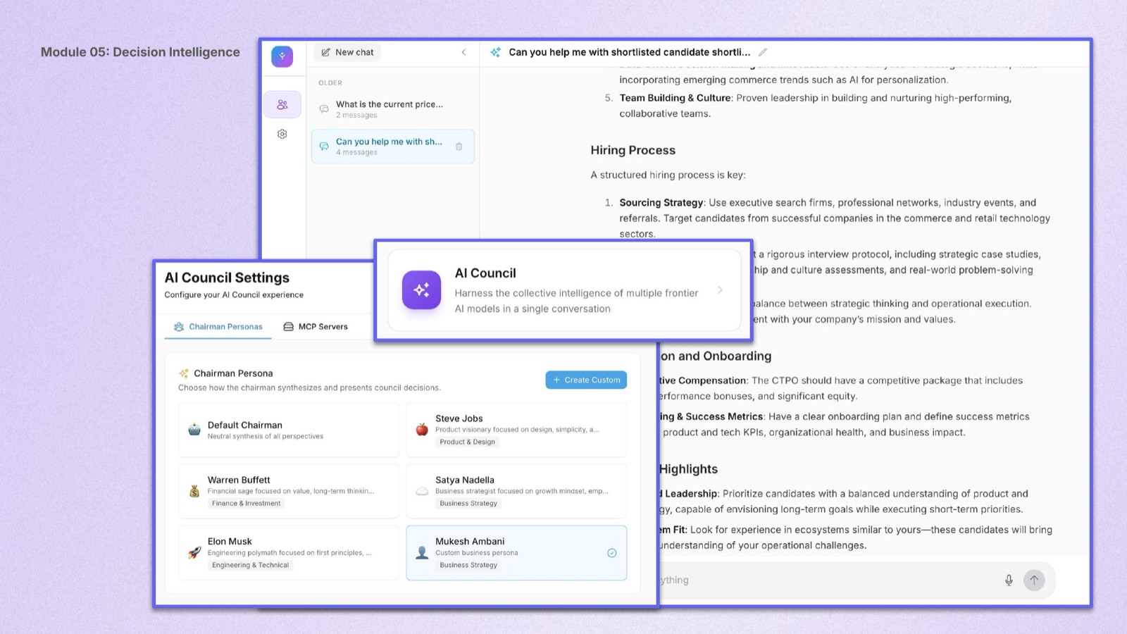 AI Decision Council module · multi-persona Chairman/HR/Finance/Risk orchestration