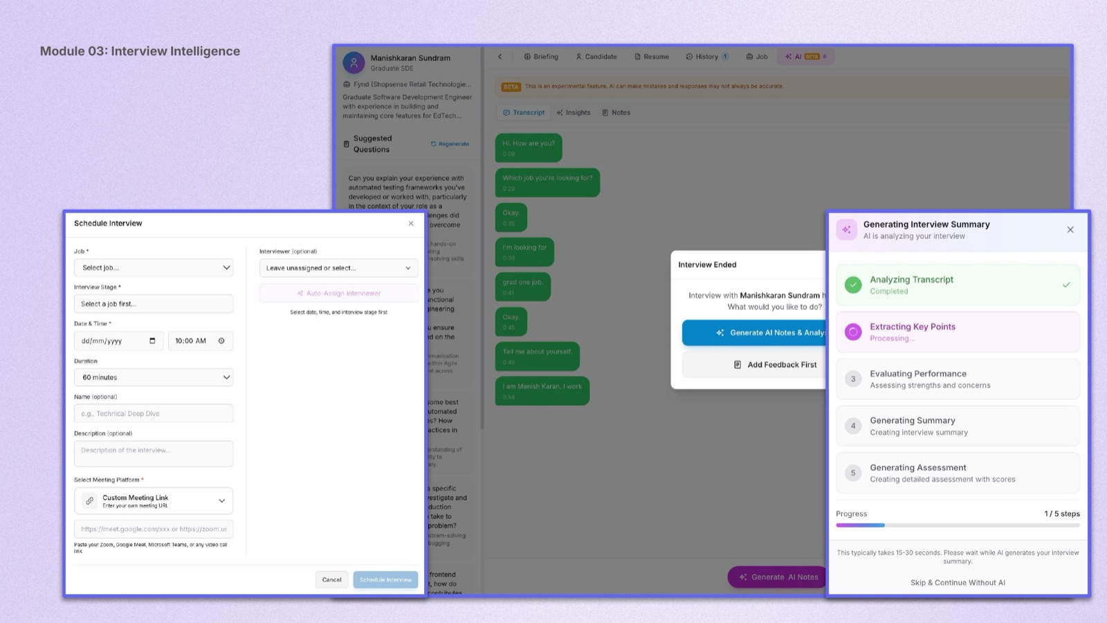 Interview Intelligence module · live transcript with AI assistance and auto-generated summary