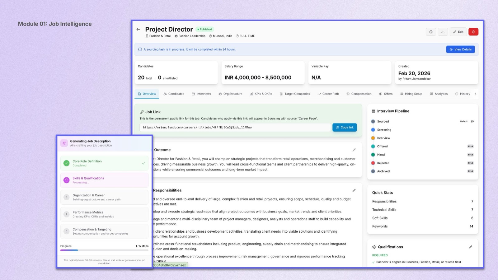 Job Intelligence module · Project Director job page with AI JD generation