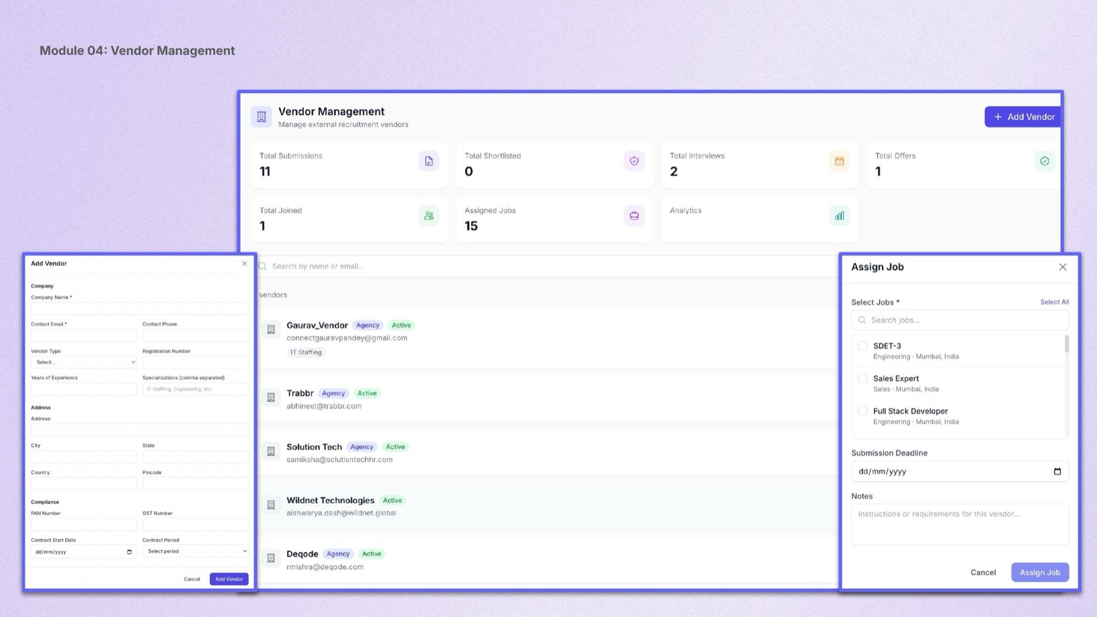 Vendor Management module · vendor list with assign-job and analytics panels