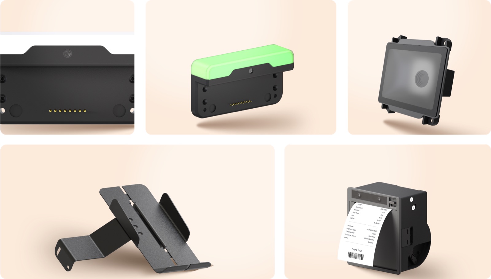 Kio peripherals · camera module · LED indicator · barcode scanner · POS terminal mount · printer