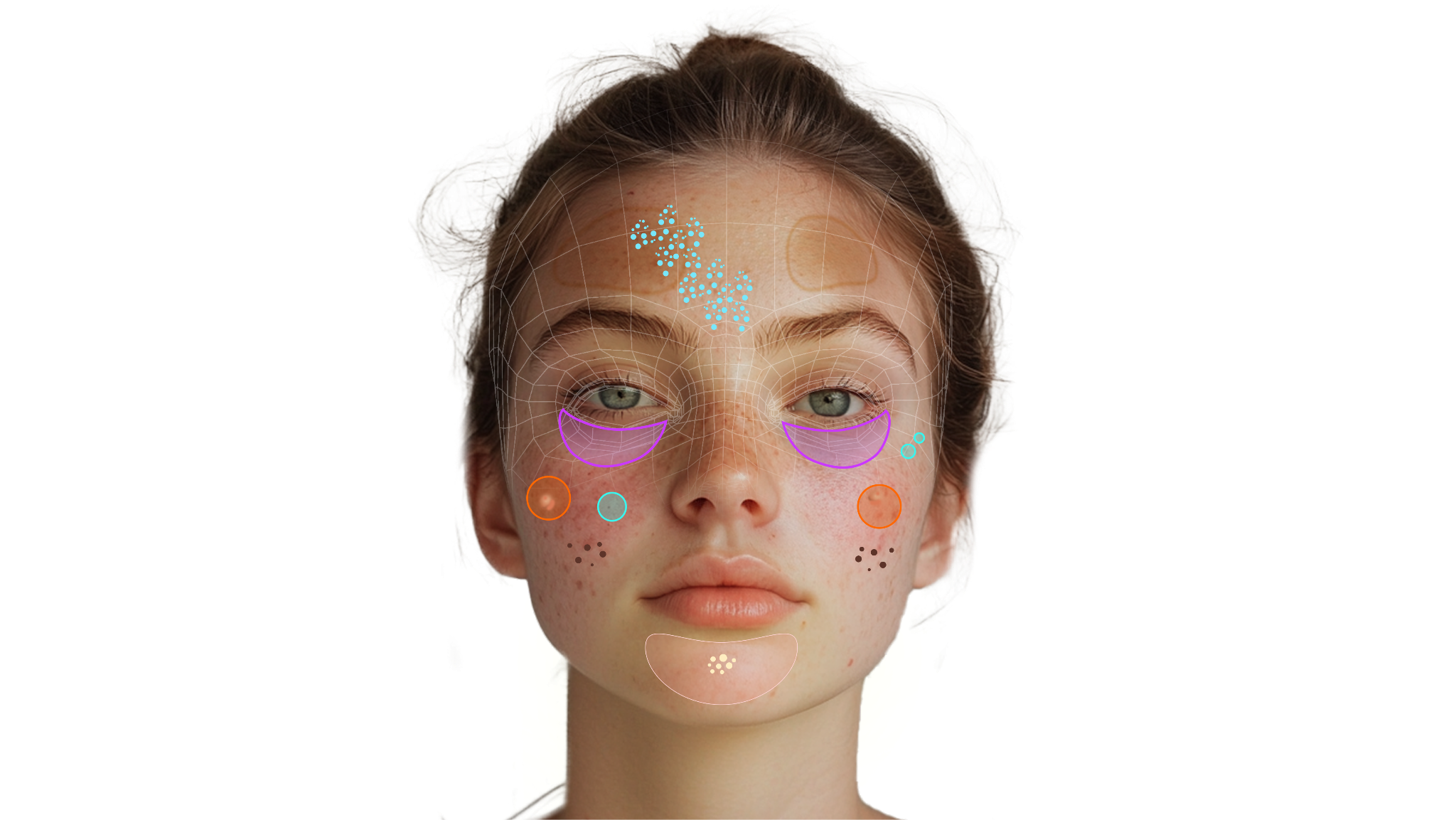 GlamAR AI Skin Analysis · face with annotated skin metrics