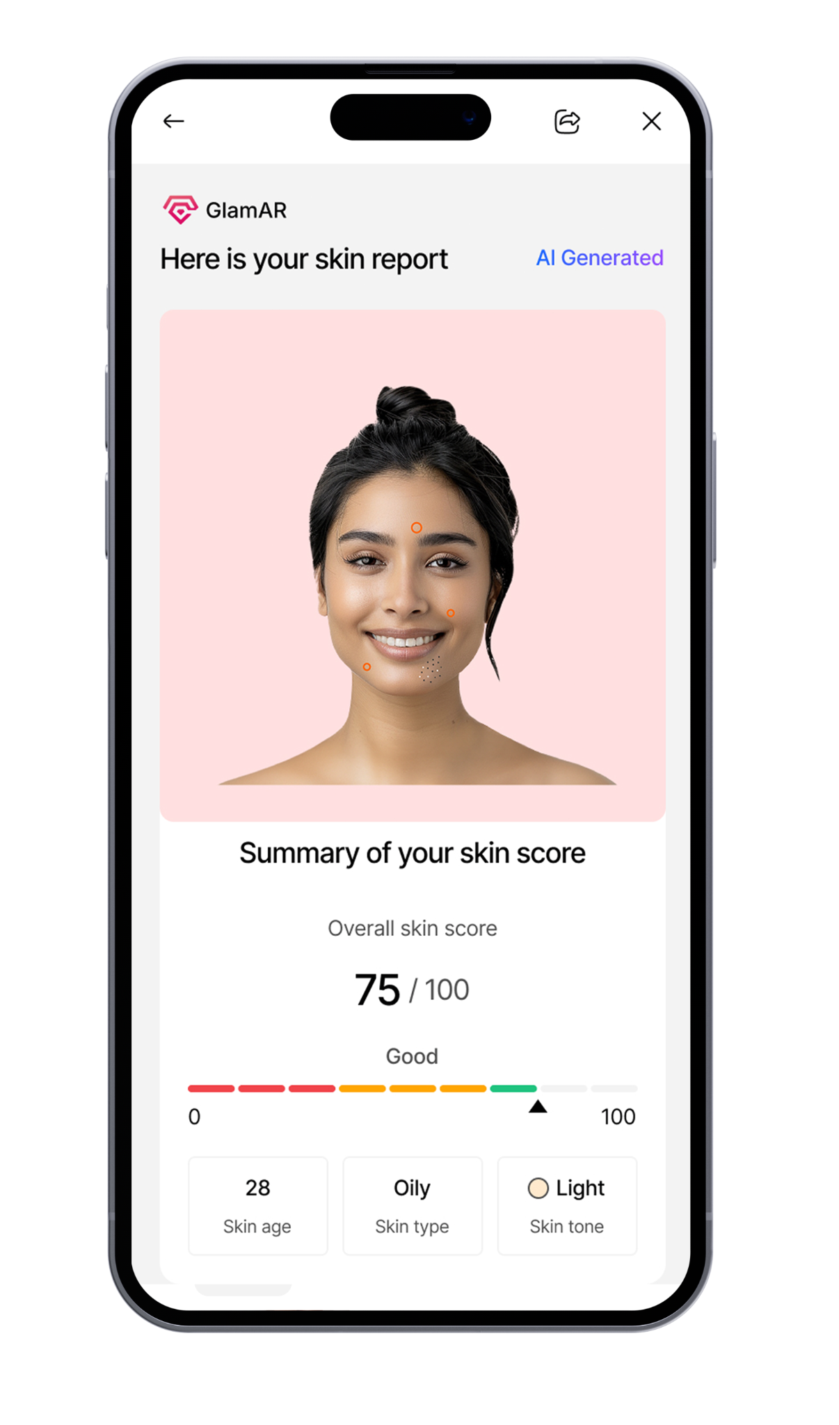 Step 2 · Skin report with overall score 75 of 100