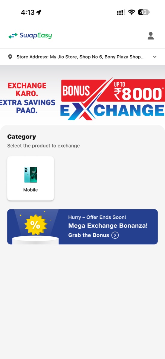 In-store SwapEasy landing · auto-bound to My Jio Store address with Bonus up to ₹8000 promo banner and Mobile category card