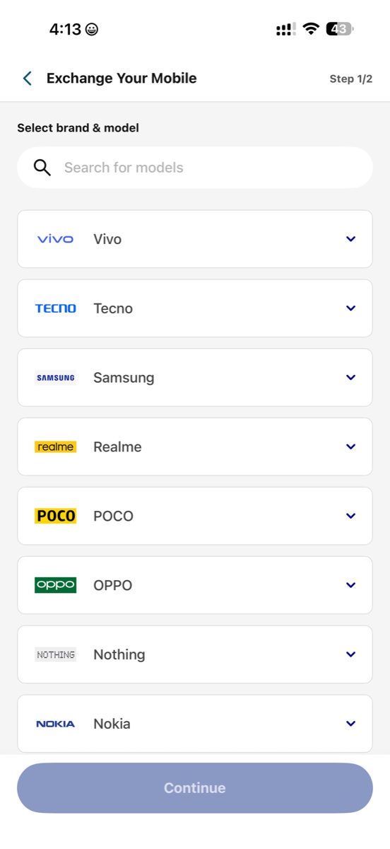 Step 1/2 of Exchange Your Mobile · brand picker showing Vivo, Tecno, Samsung, Realme, POCO, OPPO, Nothing, Nokia