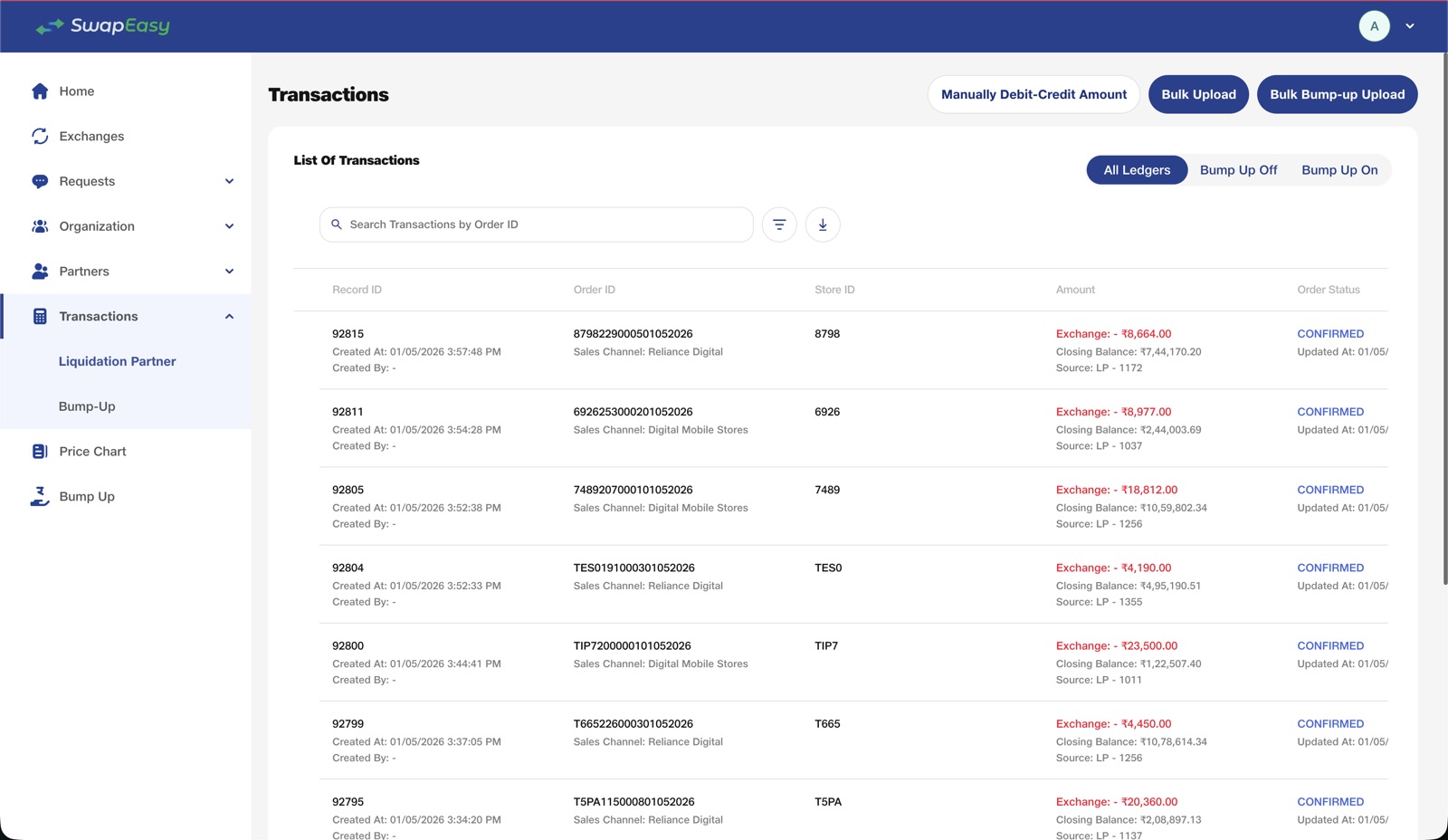 Operator console · Transactions ledger · per-Liquidation Partner closing balance with bulk upload and manually debit-credit controls