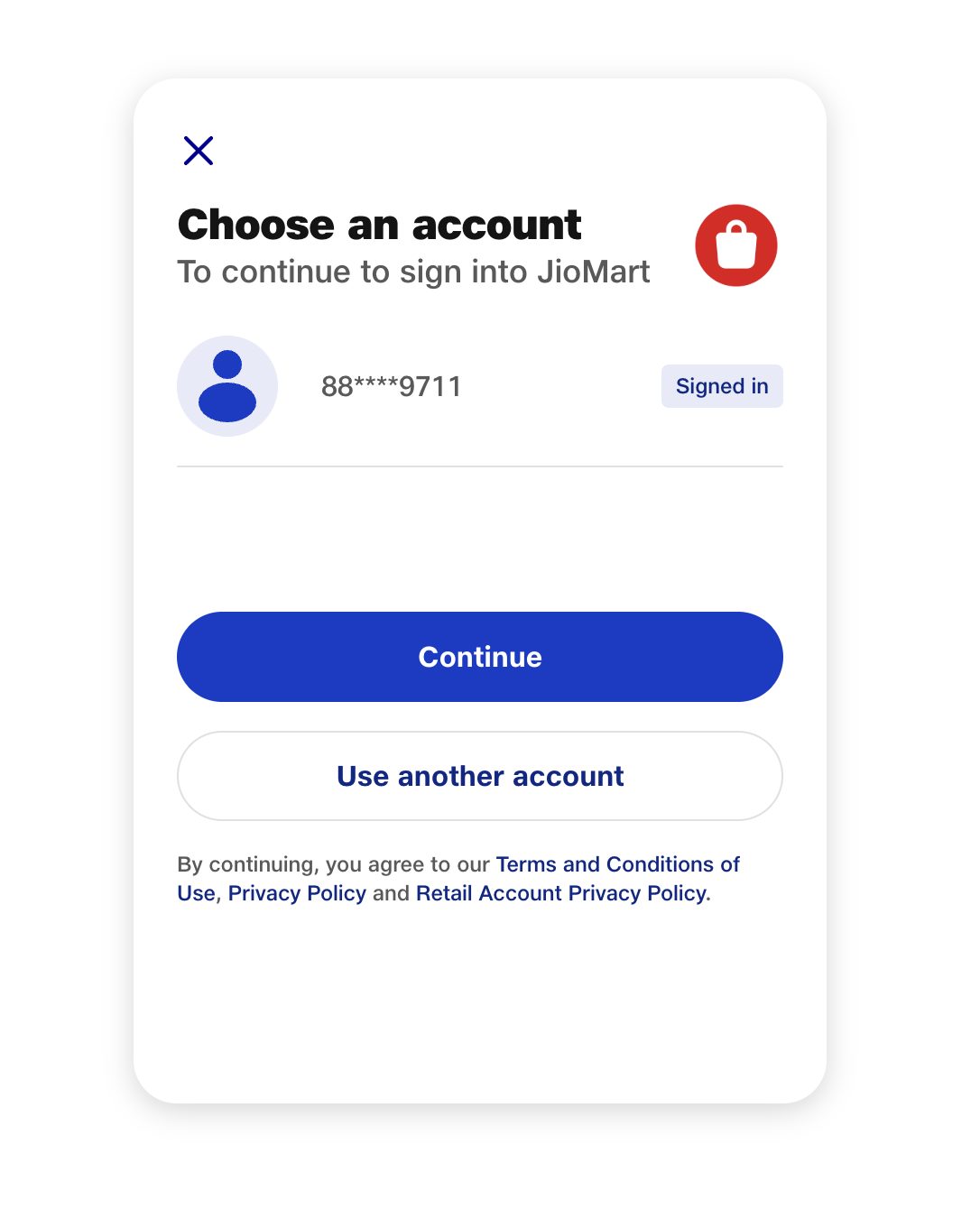 Reliance Retail Account UI · sign-in + connected accounts